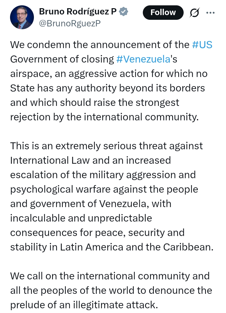 'Extremely serious threat' - Cuban diplomat Rodriguez condemns Trump's closure of Venezuela's airspace 2 'Extremely serious threat' - Cuban diplomat Rodriguez condemns Trump's closure of Venezuela's airspace