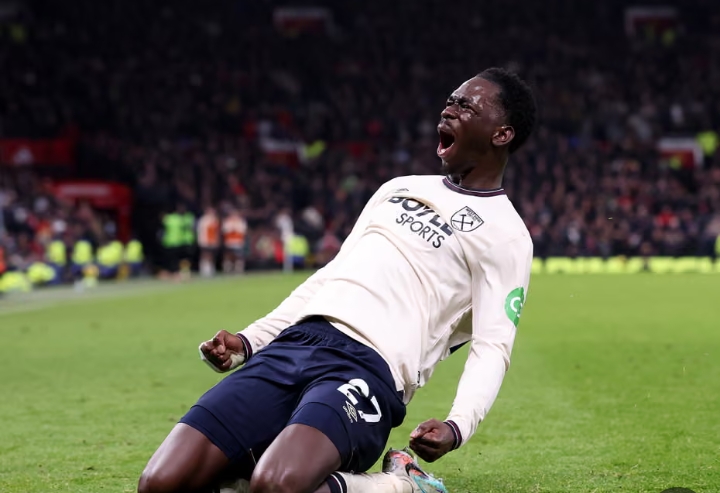 Soungoutou Magassa celebrates after levelling for West Ham United against Manchester United at Old Trafford