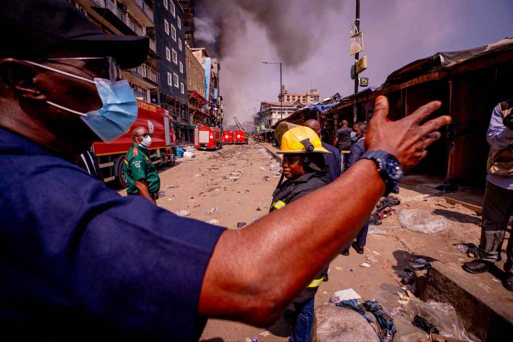 Babajide Sanwo-Olu, Governor of Lagos State, conducts firsthand assessment of the fire incident at the Great Nigeria House in Balogun, Lagos Island
