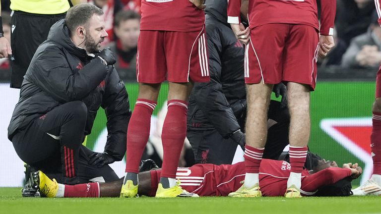 Liverpool's Jeremie Frimpong sustains a muscle injury which forced him off the game in the early stages of the match against Qarabag