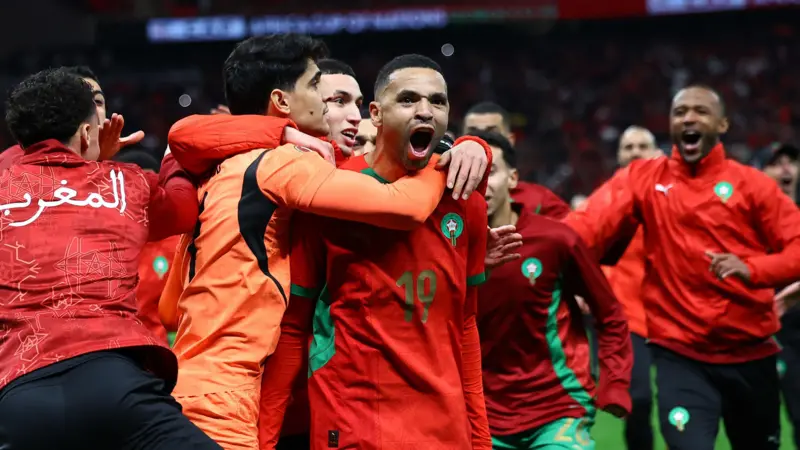 Morocco players celebrate 4-2 victory over Nigeria in a penalty shootout in the semi finals of the Africa Cup Of Nations (AFCON) 2025 in Rabat 