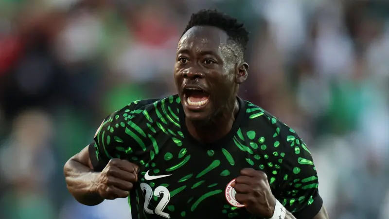 Akor Adams celebrates after scoring the second goal for Nigeria against Algeria in Marrakesh