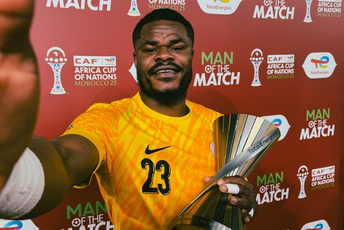 Stanley Nwabali, Nigeria goalkeeper, takes a shot with his CAF Man Of The Match award