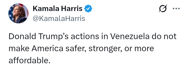 'Trump's actions do not make America safer or stronger' - Kamala Harris reacts to capture of Maduro 2 'Trump's actions do not make America safer or stronger' - Kamala Harris reacts to capture of Maduro