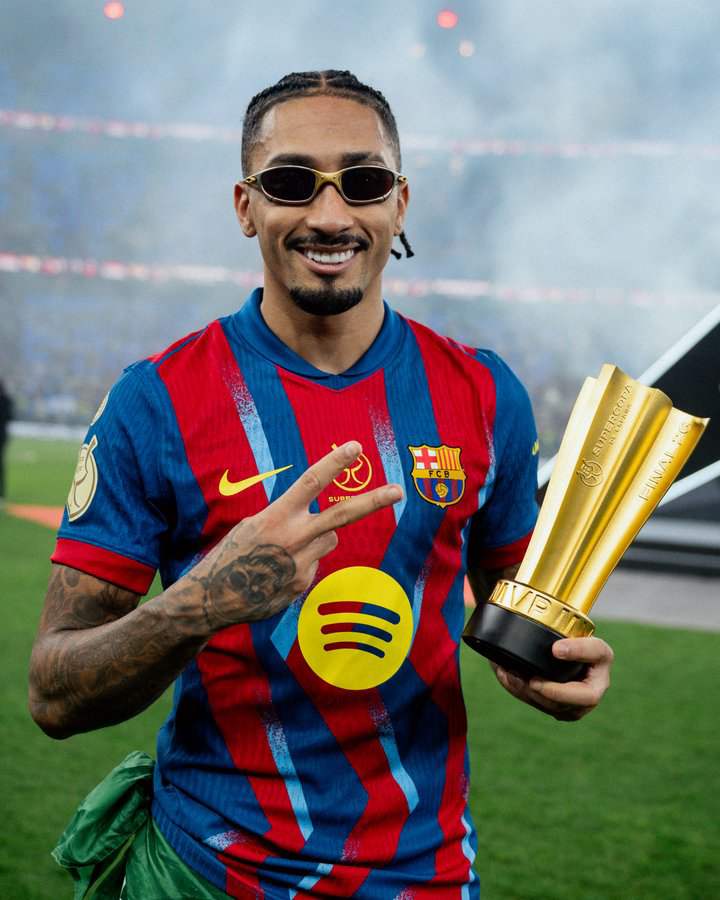Barcelona beat Real Madrid 3-2 in El Clasico to retain Spanish Super Cup 3 Raphinha takes a shot with his Most Valuable Player (MVP) award after helping Barcelona to Spanish Super Cup glory over Real Madrid in Jeddah, Saudi Arabia