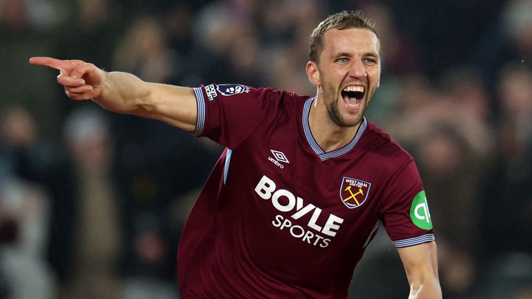 Tomas Soucek celebrates after scoring for West Ham United in the Premier League match at London Stadium against Manchester United