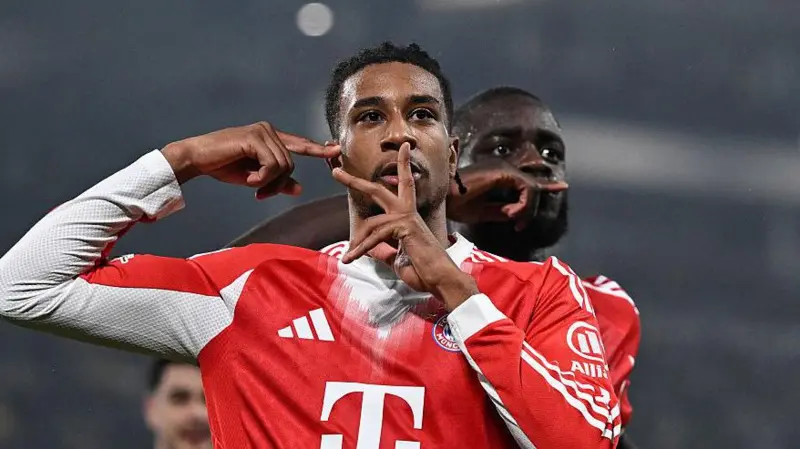 Michael Olise celebrates goal for Bayern Munich with teammates in the Uefa Champions League 2025/26 round of 16 first leg match against Atalanta in Italy on Tuesday