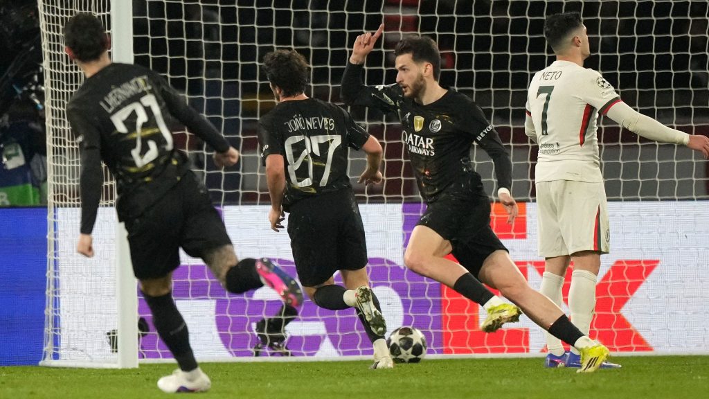 Khvicha Kvaratskhelia celebrates after netting the fifth goal for Paris Saint-Germaine in the Uefa Champions League 2025/26 round of 16 first leg match in Paris on Wednesday 11 March, 2026