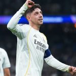 Federico Valverde celebrates goal for Real Madrid in the Uefa Champions League 2025/26 round of 16 first leg match against Manchester City at Santiago Bernabeu on Wednesday