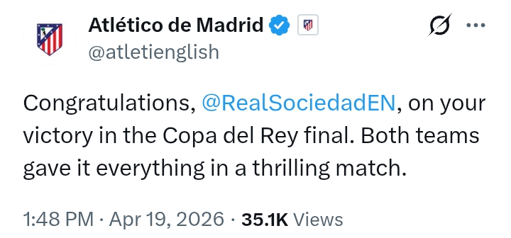 Atletico Madrid congratulate Real Sociedad on Copa Del Rey victory