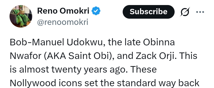 'Still consistently brilliant' - Reno Omokri extols Bob-Manuel, Saint Obi and Zack Orji