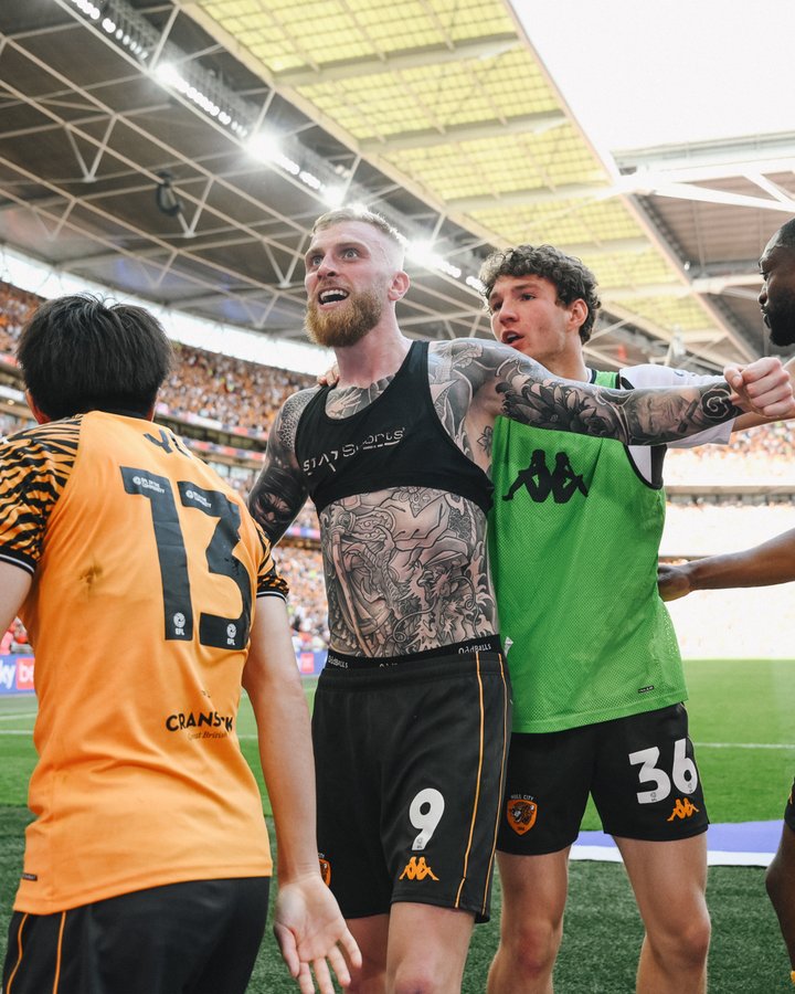 Striker Oli McBurnie celebrates after scoring for Hull City in a 1-0 win over Middlesbrough in the Play-off at Wembley Stadium on Saturday 23 May, 2026