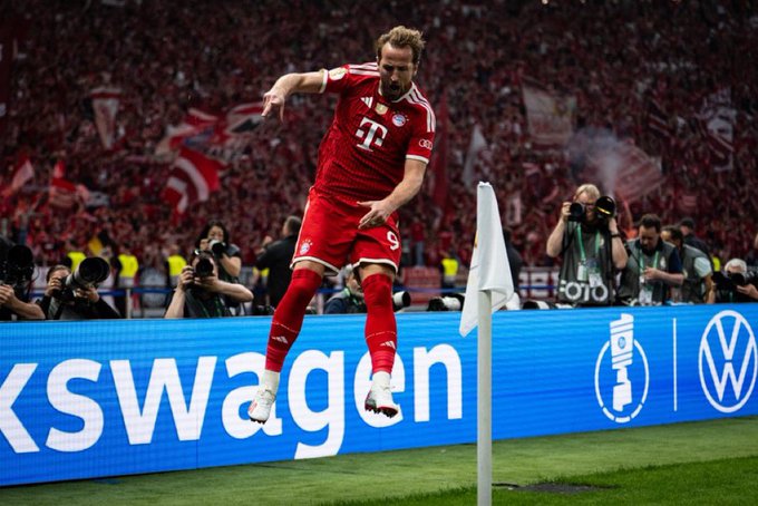 Harry Kane celebrates goal for Bayern Munich in the DFB Cup final at Olympiastadion in Berlin on Saturday 23 May, 2026
