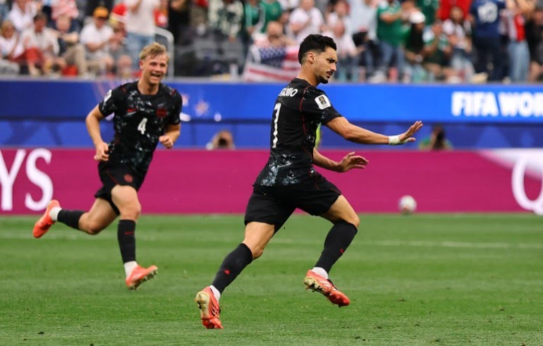 Stephen Eustaquio celebrates after netting a stoppage time winner for Canada in the FIFA World Cup 2026 round of 32 match against South Africa on Sunday 28 June, 2026 in Los Angeles, US