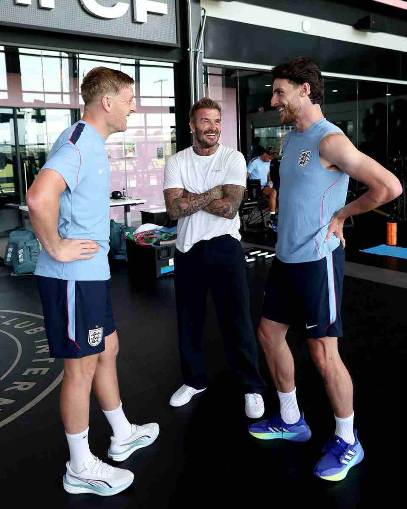 Sir David Beckham with England players during a training session at the Inter Miami training complex in Miami ahead of their FIFA World Cup 2026 quarter final match against Norway on Saturday