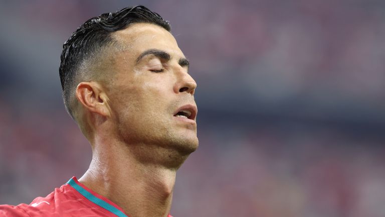 Cristiano Ronaldo looking obviously sad after his country, Portuga, were knocked out of the FIFA World Cup 2026 by Spain in the Round of 16 in Dallas, US