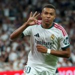 Kylian Mbappe celebrates after netting his third and fourth for Real Madrid in the 4-1 win over Real Sociedad in the La Liga match on Wednesday 26 August, 2026 at Santiago Bernabeu