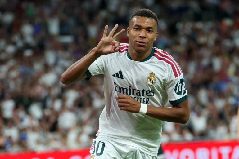 Kylian Mbappe celebrates after netting his third and fourth for Real Madrid in the 4-1 win over Real Sociedad in the La Liga match on Wednesday 26 August, 2026 at Santiago Bernabeu