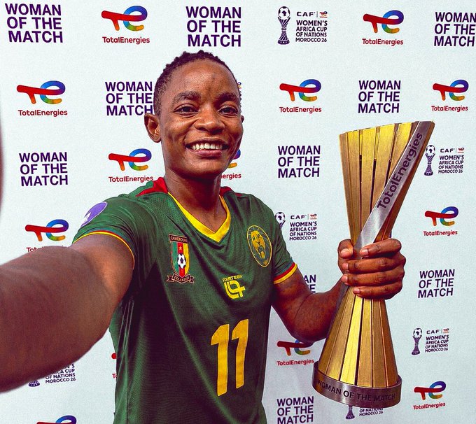 WAFCON 2026 Award Winners 2 Cameroon's Ngah Manga takes a shot with her Woman Of The Match Award