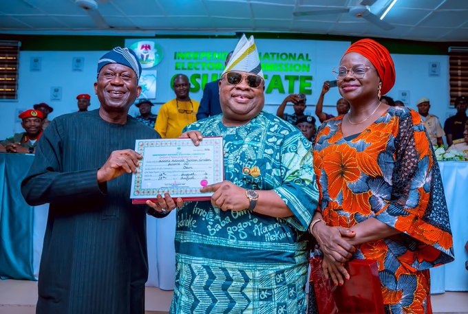 Ademola Adeleke, Governor of Osun State, receives his Certificate of Return after winning the Osun State Governorship Election held on Saturday 15 August, 2026