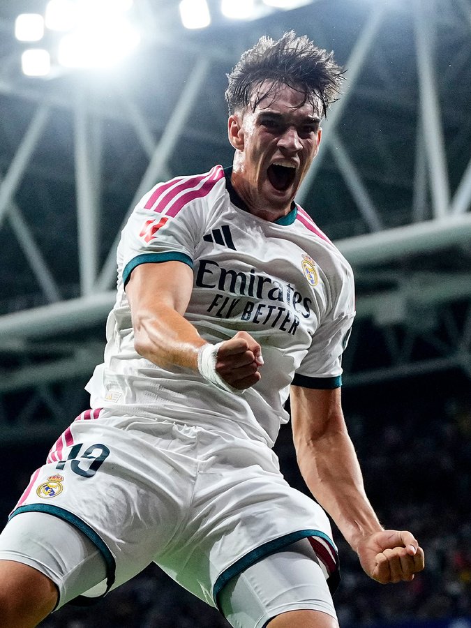 New signing, Carlos Espi Escrihuela, celebrates after scoring the winner for Real Madrid in their 2-1 win over Espanyol in the La Liga 2026/27 match at RCDE Stadium on Saturday 22 August, 2026