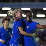 Melvine Malard (r) celebrate with teammates after scoring for Chelsea in the Uefa Women's Champions League 2026/27 qualification match on Wednesday 26 August, 2026 in England