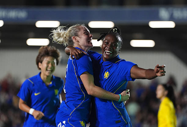 Melvine Malard (r) celebrate with teammates after scoring for Chelsea in the Uefa Women's Champions League 2026/27 qualification match on Wednesday 26 August, 2026 in England