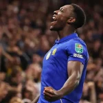 Danny Welbeck celebrates after placing Chelsea ahead in the EFL Cup 2026/27 round two match against Luton Town FC at Stamford Bridge on Thursday 27 August, 2026. The Englishman joined the Blues from Brighton on a free transfer over the summer