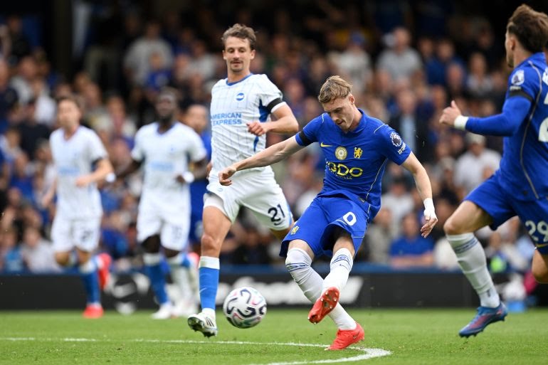 Cole Palmer scores Chelsea's fourth goal in the Premier League match against Brighton at Stamford Bridge on Sunday 30 August, 2026