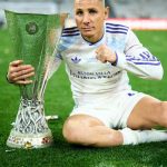 French Defender, Lucas Digne. In the photo, the France international takes a shot with the Uefa Europa League trophy after Aston Villa emerged Champions, defeating German Bundesliga Club, Freiburg, 3-0 in the final at Besiktas Stadium in Istanbul, Turkey