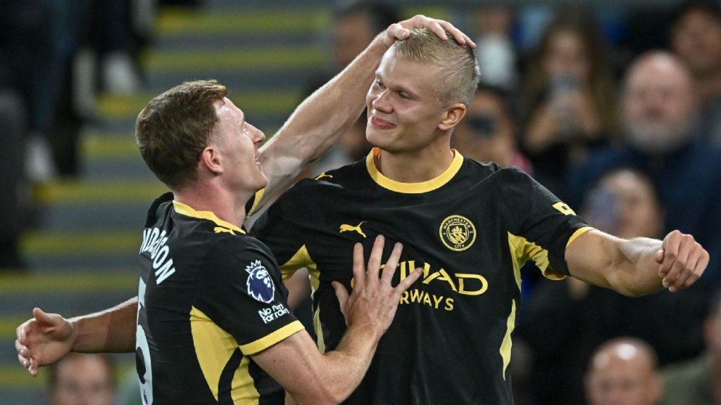 Norway striker, Erling Haaland, celebrates after scoring for Manchester City in the Premier League 2026/27 match against Crystal Palace at Selhurst Park on Friday 28 August, 2026