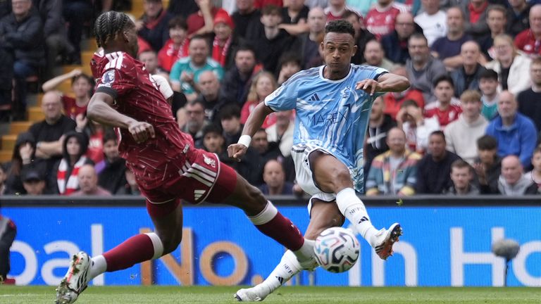 Dan Ndoye scores for Nottingham Forest in the Premier League match against Liverpool on Saturday 29 August, 2026 at Anfield