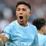 Enzo Fernandez celebrates after opening the scoring for Manchester City in the Premier League 2026/27 match against Sunderland at Etihad Stadium on Sunday 20 September, 2026
