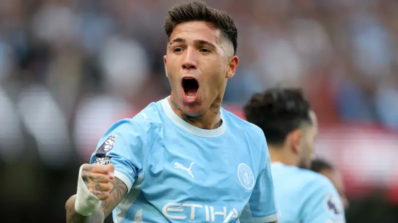 Enzo Fernandez celebrates after opening the scoring for Manchester City in the Premier League 2026/27 match against Sunderland at Etihad Stadium on Sunday 20 September, 2026