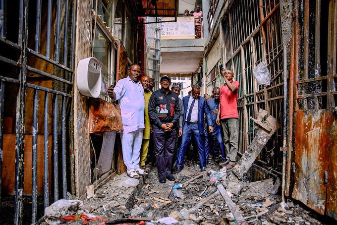 Peter Obi visits Eda Plaza in Jabi, Abuja following recent fire incident that ravaged shops