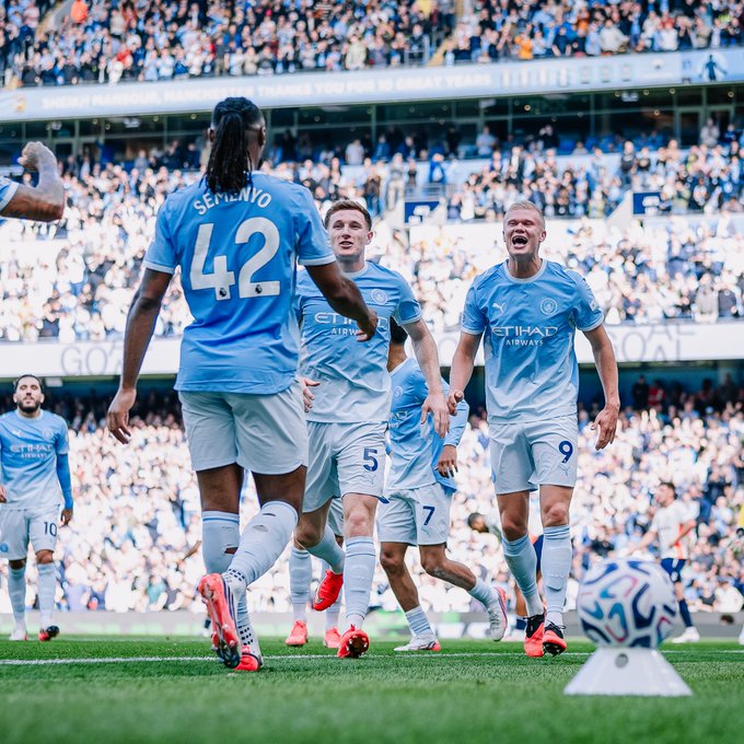 Erling Braut Haaland celebrates his goal for Manchester City with teammate, Antoine Semenyo, I'm the Premier League match against Coventry City at Etihad Stadium on Saturday 5 September, 2026