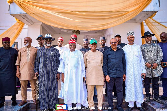 Peter Obi and Rabiu Musa Kwankwaso visit former Governor of Rivers State, Rotimi Amaechi, in Port Harcourt following the demise of his mother, Dame Ezinne Amaechi