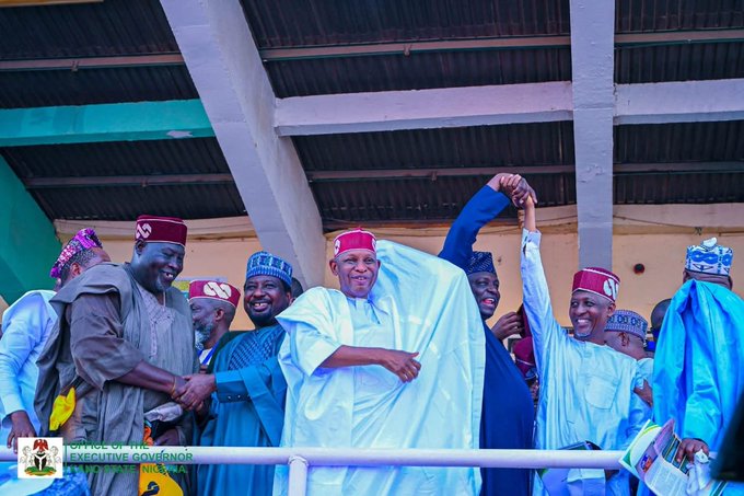Prof. Nentawe Yilwatda, National Chairman of the All Progressives Congress (APC), alongside Governor of Kano State, Abba Kabir Yusuf, receive former Governor of Kano State, Senator Kabiru Ibrahim Gaya, and over "100,000" defectors from other Political Parties into the APC in Kano