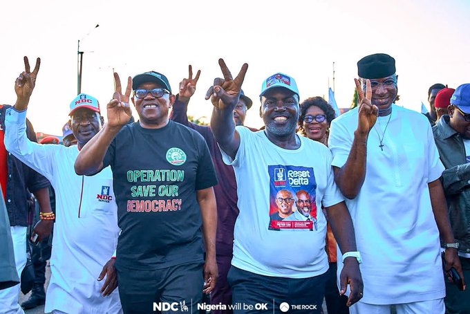 Peter Obi, 2027 Presidential candidate of the Nigeria Democratic Congress (NDC) with Deacon Chris Iyovwaye, Governorship Candidate of the Party at the launch of the Party's Campaign Office in Asaba, Delta State on Thursday 23 September, 2026