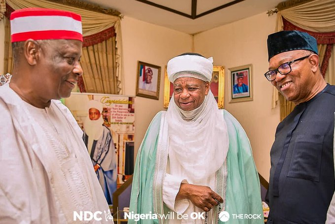 Peter Obi and Rabiu Musa Kwankwaso visit Sultan of Sokoto, His Eminence, Alhaji Muhammad Sa’ad Abubakar III, ahead of town-hall engagements in Sokoto State