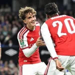 Youngster, Max Dowman, celebrates with teammate after scoring for Arsenal in the EFL Cup third round match against Ipswich Town at Portman Road on Tuesday 15 September, 2026