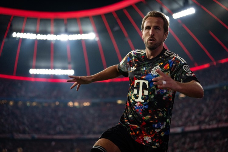 English forward, Harry Kane, celebrates after scoring for Bayern Munich in the Bundesliga 2026/27 match against Union Berlin at Allianz Arena on Friday 18 September, 2026