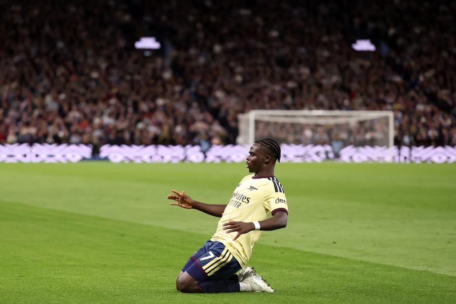 Bukayo Saka celebrates after scoring Arsenal's goal in their lone goal victory over Aston Villa in the Premier League match at Villa Park on Monday 31 August, 2026