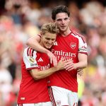 Goalscorer and provider, Martin Odegaard and Declan Rice, celebrate after the Norway international netted the winner for Arsenal in the Premier League 2026/27 match against Chelsea at Emirates Stadium in London on Sunday 6 September, 2026