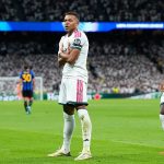 French forward, Kylian Mbappe, celebrates after scoring for Real Madrid in the League Phase match of the Uefa Champions League 2026/27 against Inter at Santiago Bernabeu on Tuesday 8 September, 2026