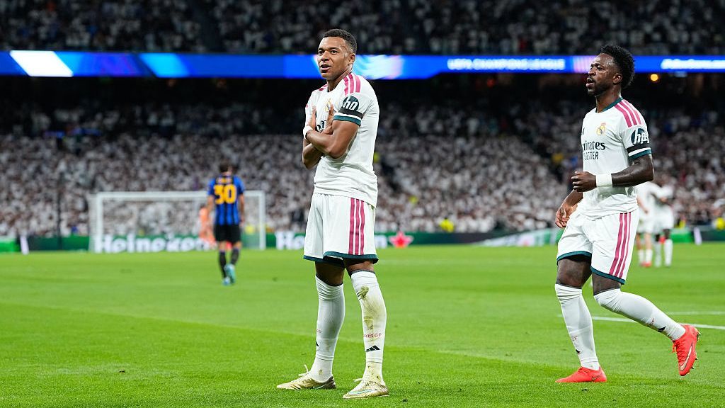 French forward, Kylian Mbappe, celebrates after scoring for Real Madrid in the League Phase match of the Uefa Champions League 2026/27 against Inter at Santiago Bernabeu on Tuesday 8 September, 2026