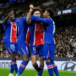Paris Saint-Germaine (PSG) players celebrate 4-2 victory over Manchester in the Uefa Champions League 2026/27 League Phase match at Etihad Stadium on Wednesday 14 October, 2026