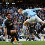 Erling Haaland heads in the second goal for Manchester City in the Premier League match against Ipswich Town on Saturday 17 October, 2026 at Etihad Stadium
