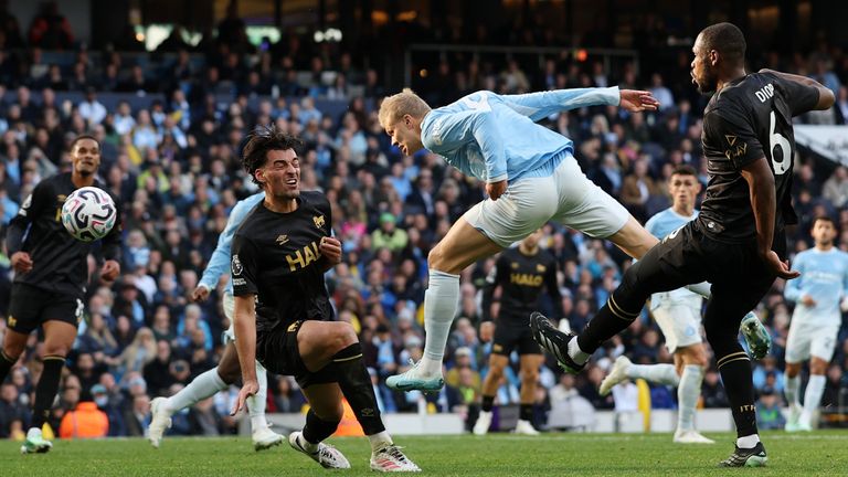 Erling Haaland heads in the second goal for Manchester City in the Premier League match against Ipswich Town on Saturday 17 October, 2026 at Etihad Stadium