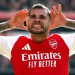 Brazilian midfielder, Bruno Guimaraes, celebrates after scoring the goal that handed Arsenal maximum points in the Premier League match against Leeds United on Saturday 10 October, 2026 at Emirates Stadium in London